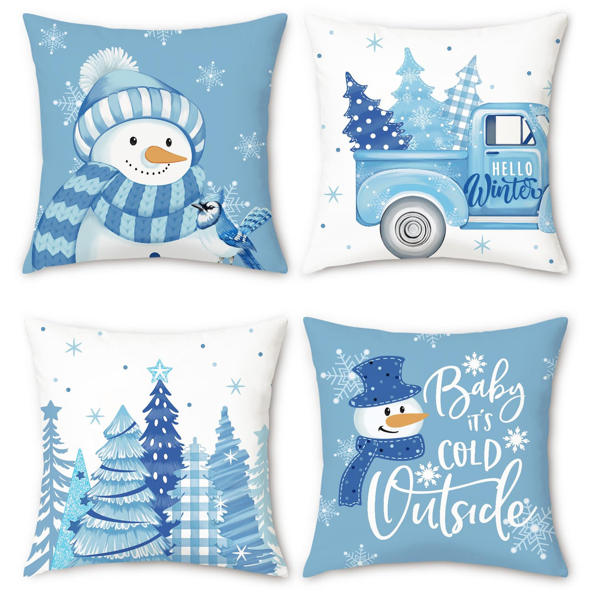 Blue Snowman Christmas Throw Pillow Covers 18x18 Inch Winter Xmas Trees Truck Snowflakes
