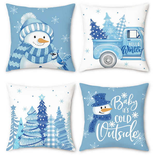 Blue Snowman Christmas Throw Pillow Covers 18x18 Inch Winter Xmas Trees Truck Snowflakes