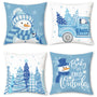 Blue Snowman Christmas Throw Pillow Covers 18x18 Inch Winter Xmas Trees Truck Snowflakes