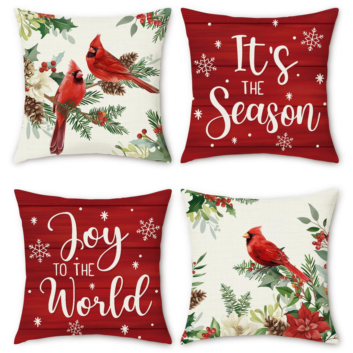 Christmas Cardinal Throw Pillow Covers 18 x 18 Inch Poinsettia Red Bird Holly Berries Floral Joy to The World