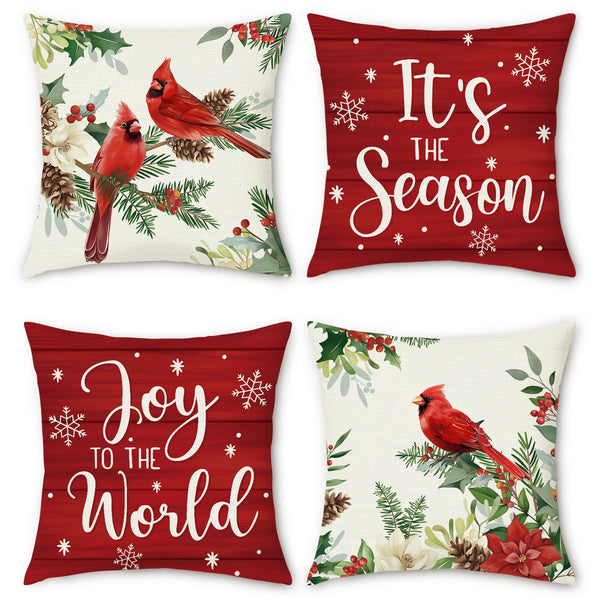 Christmas Cardinal Throw Pillow Covers 18 x 18 Inch Poinsettia Red Bird Holly Berries Floral Joy to The World