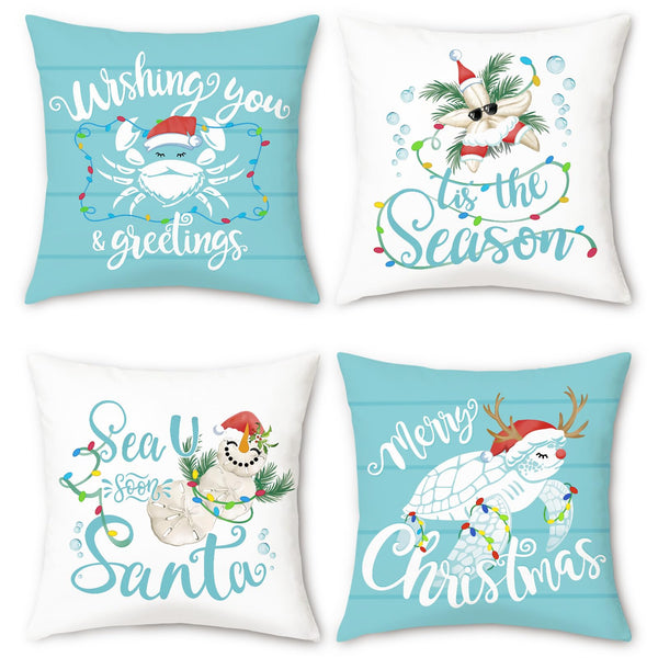 Christmas Coastal Throw Pillow Covers 18 x 18 Inch Teal Blue Ocean Sea Turtle Crab Starfish Beach