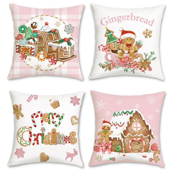 Christmas Gingerbread Throw Pillow Covers 18 x 18 Inch Truck Gingerbread House Hot Cocoa Pink