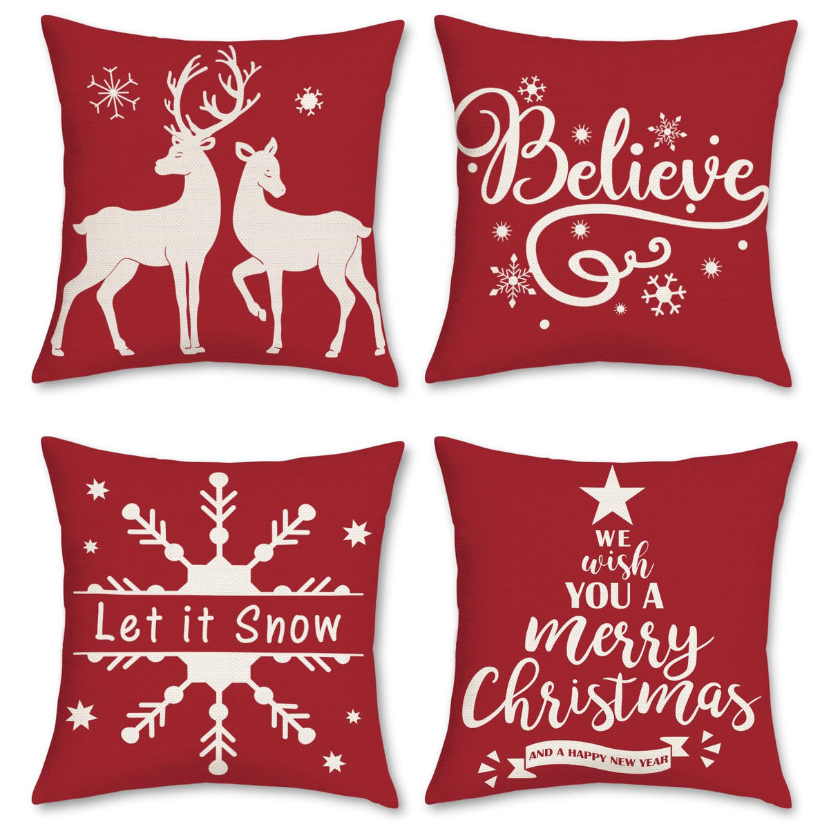 Christmas Red Throw Pillow Covers 18 x 18 Inch Reindeer Snowflake Believe