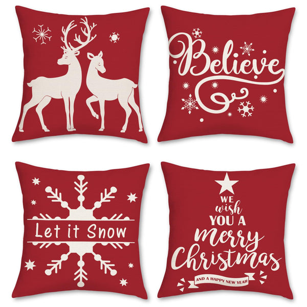 Christmas Red Throw Pillow Covers 18 x 18 Inch Reindeer Snowflake Believe