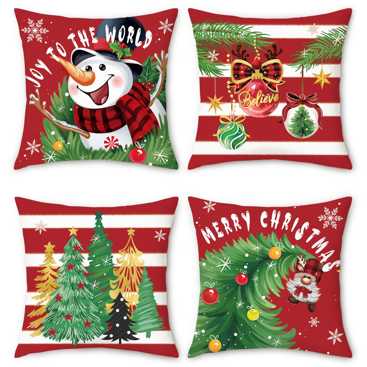 Christmas Snowman Throw Pillow Covers 18 x 18 Inch Xmas Trees Balls Gnome Red Stripes Winter Holiday