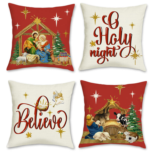 Christmas Throw Pillow Covers 18 x 18 Inch Holy Night Jesus Xmas Trees Animals Red
