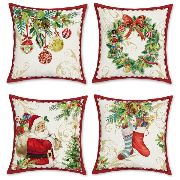Christmas Throw Pillow Covers 18x18 Inch Santa Claus Merry Christmas Wreath Bells Socks