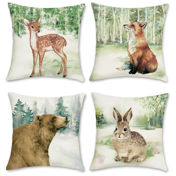 Forest Animals Pillow Covers 18x18 Set of 4 Deer Fox Rabbit Bear