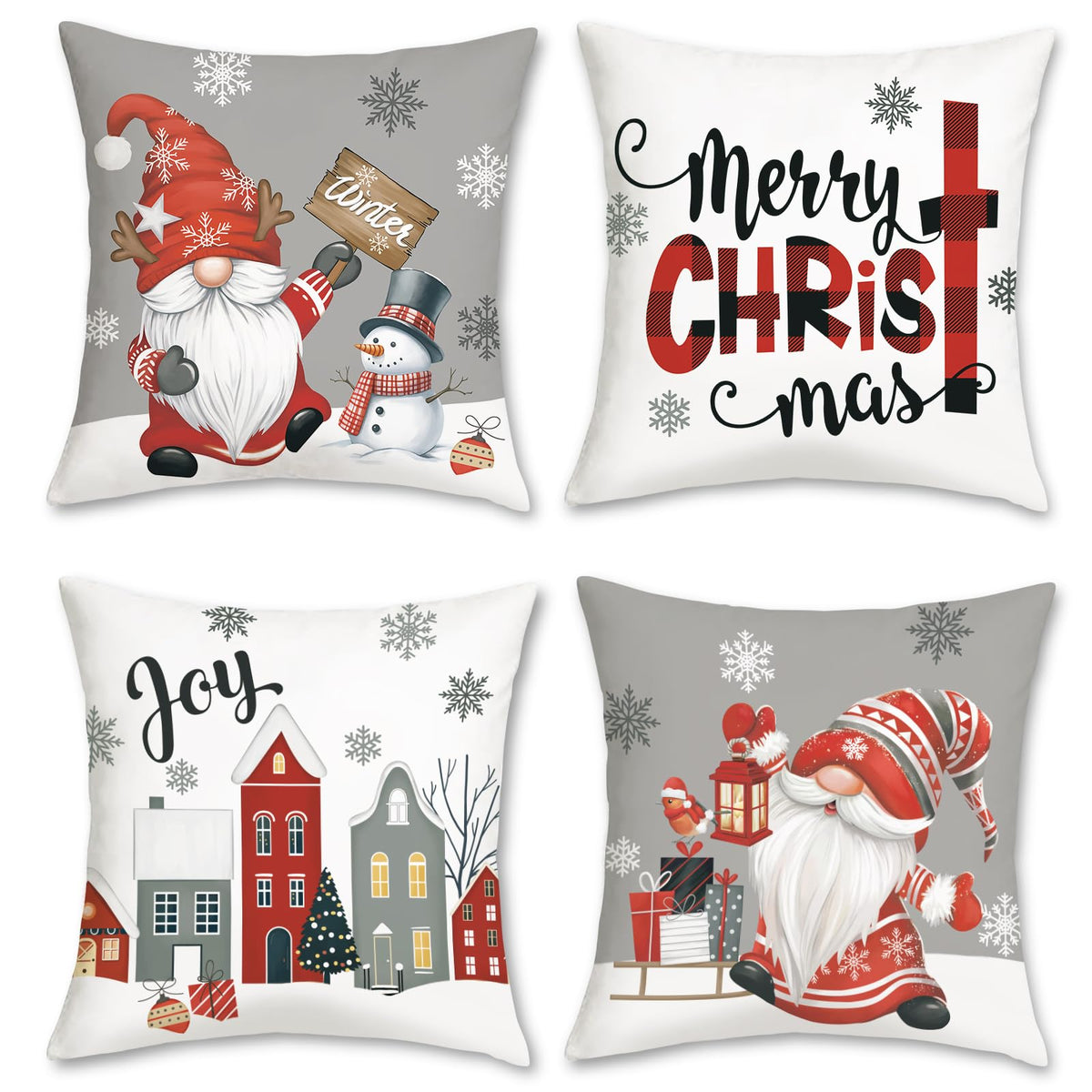 Grey Merry Christmas Throw Pillow Covers 18 x 18 Inch Joy Gnomes Snowflakes Snowman