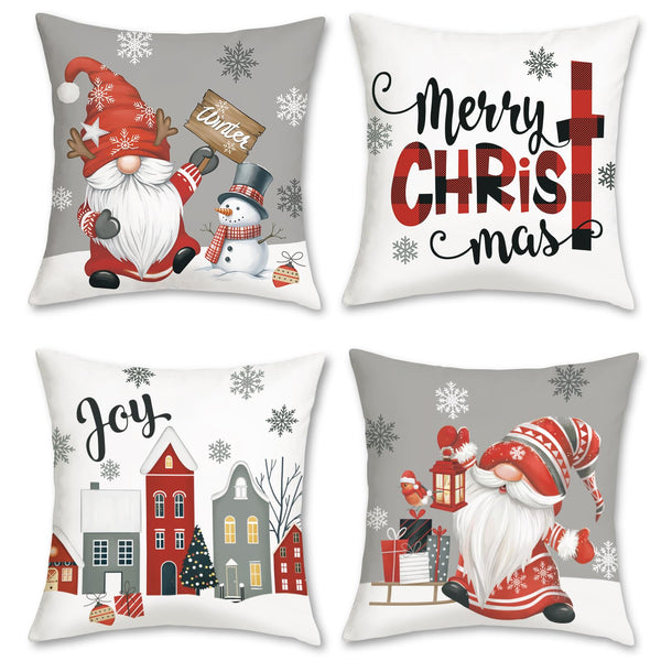 Grey Merry Christmas Throw Pillow Covers 18 x 18 Inch Joy Gnomes Snowflakes Snowman