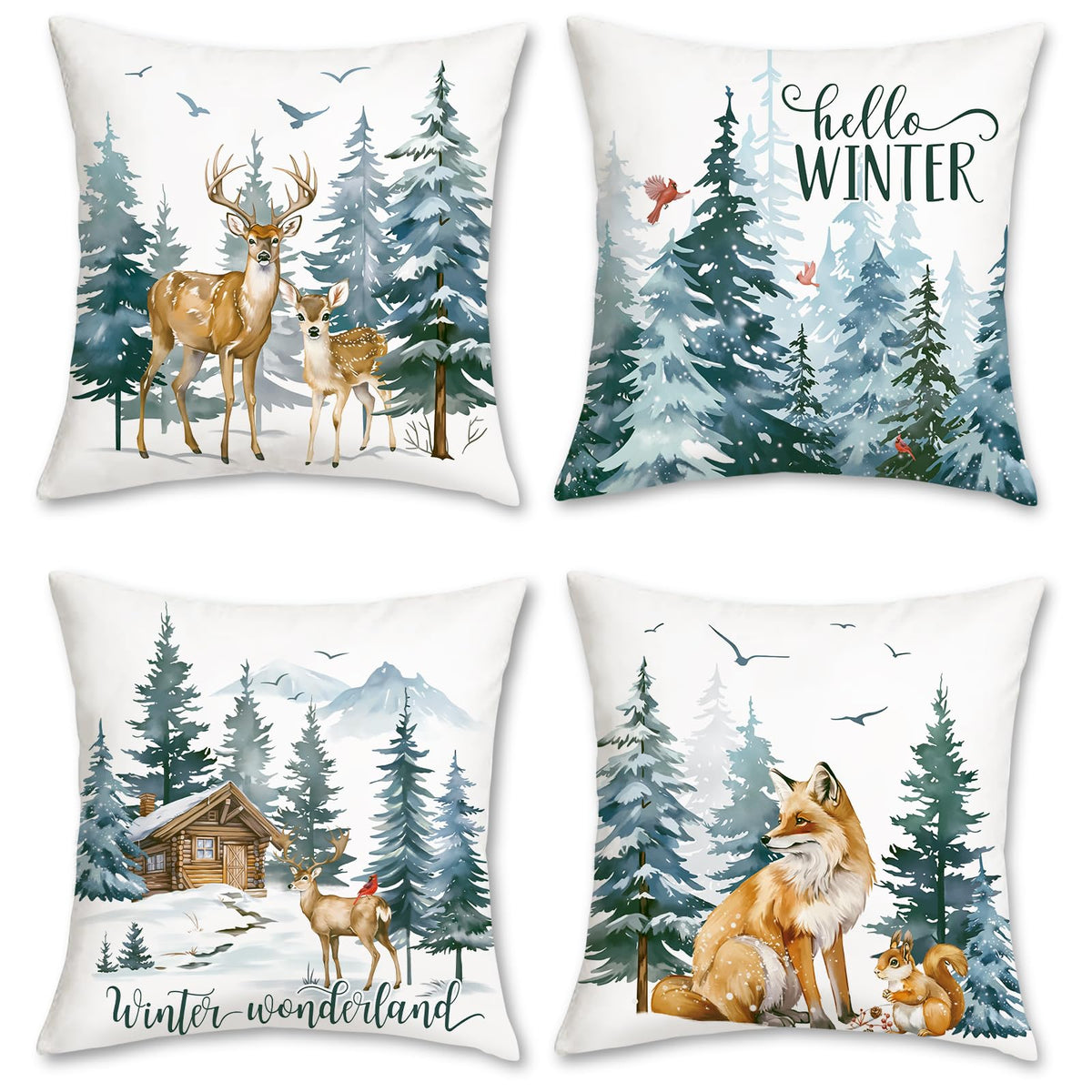 Hello Winter Throw Pillow Covers 18 x 18 Inch Reindeer Fox Squirrel Snowy Pine Trees
