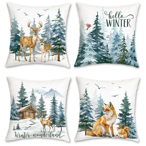 Hello Winter Throw Pillow Covers 18 x 18 Inch Reindeer Fox Squirrel Snowy Pine Trees
