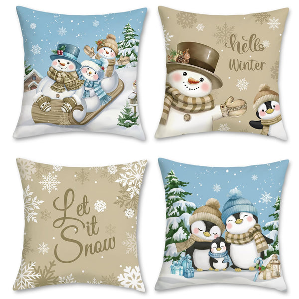 Hello Winter Throw Pillow Covers 18 x 18 Inch Snowman Penguin Snowflake Khaki Blue