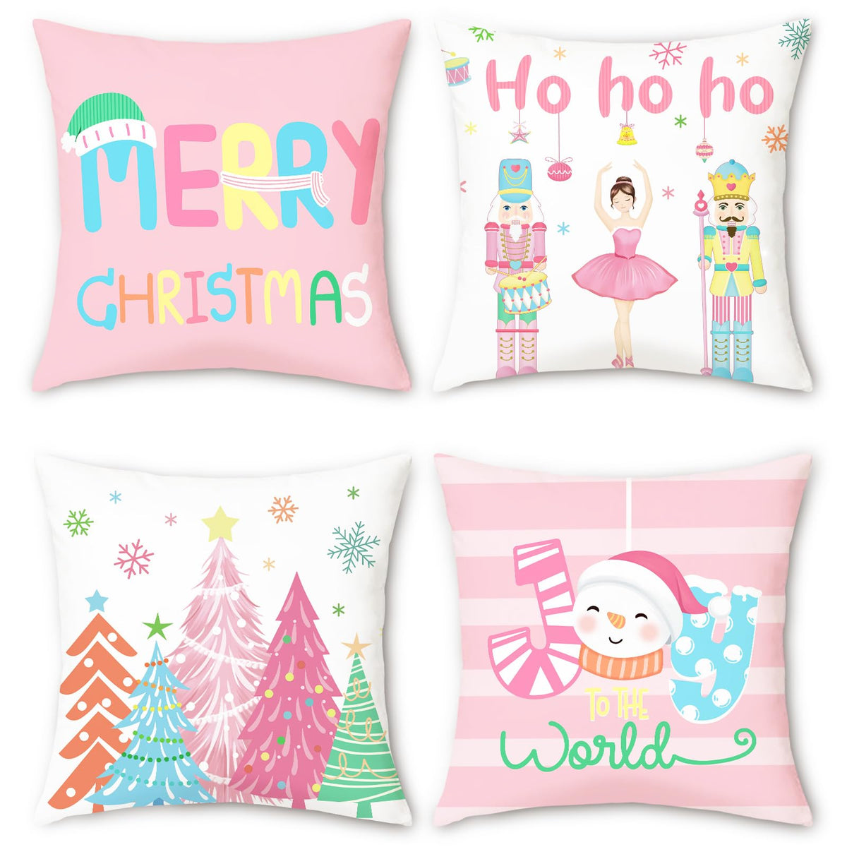 Merry Christmas Nutcrackers Throw Pillow Covers 18 x 18 Inch Xmas Tree Snowman Pink Decorative Pillows