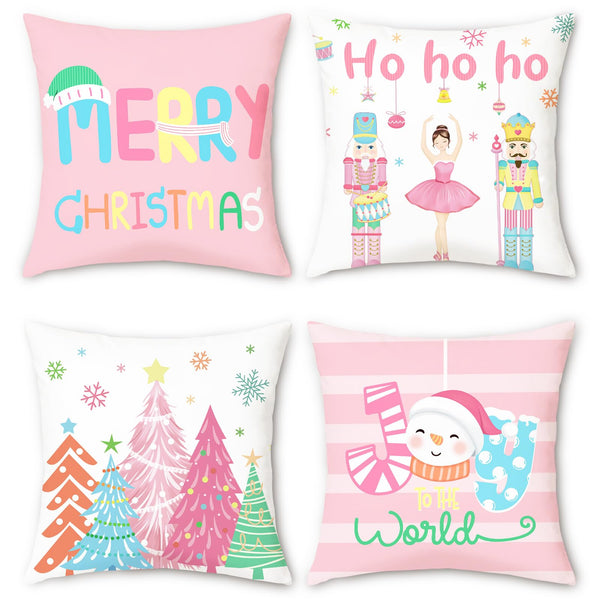 Merry Christmas Nutcrackers Throw Pillow Covers 18 x 18 Inch Xmas Tree Snowman Pink Decorative Pillows