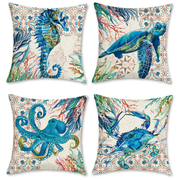 Nautical Coastal Ocean Throw Pillow Covers 18 x 18 Inch Set of 4 Sea Turtle Seahorse Octopus
