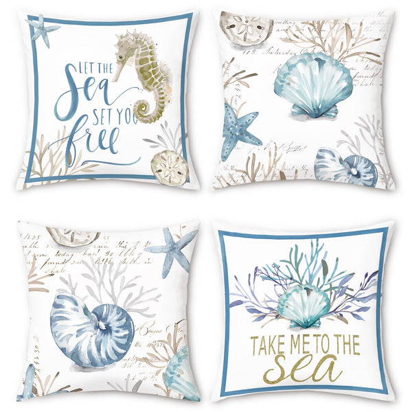 Nautical Coastal Throw Pillow Covers 18x18 Set of 4 Ocean Themed Beach Seashell Coral Starfish