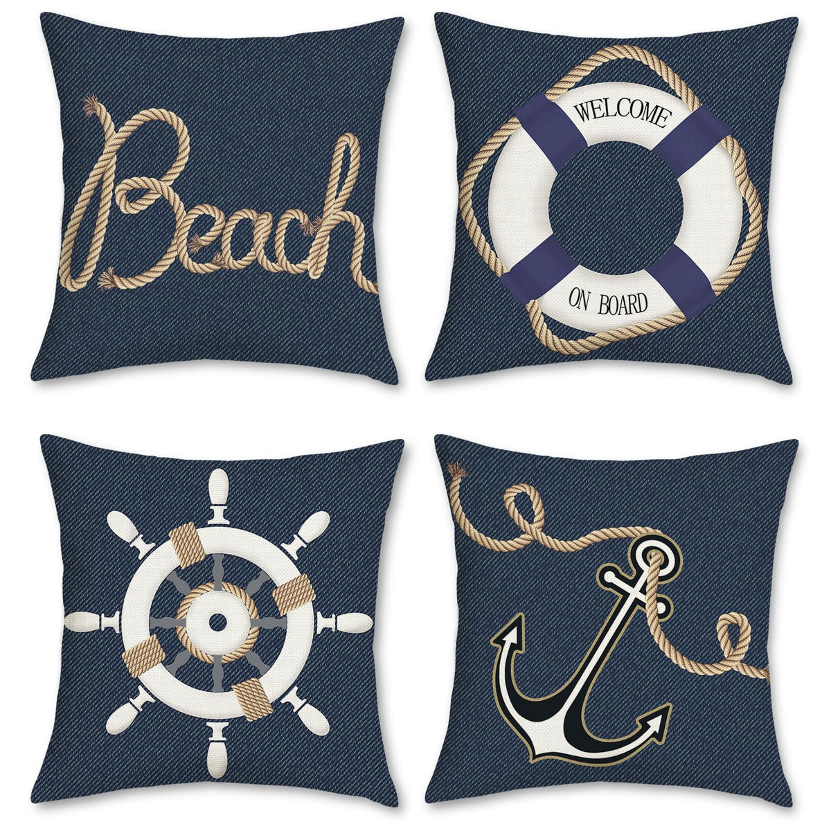 Nautical Pillow Covers 18 x 18 Inch Set of 4 Anchor Marine Denim Navy Blue