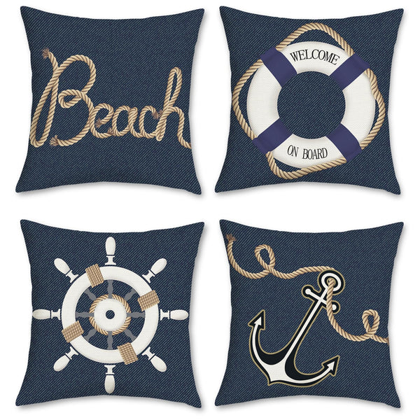 Nautical Pillow Covers 18 x 18 Inch Set of 4 Anchor Marine Denim Navy Blue