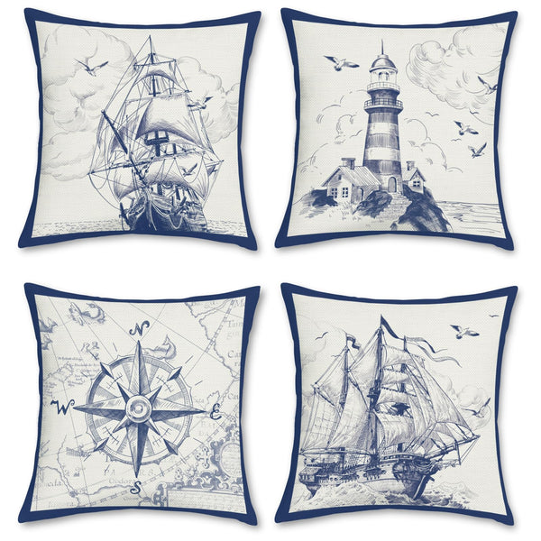 Nautical Sailing Throw Pillow Covers 18 x 18 Inch Set of 4 Sailboat Compass Lighthouse