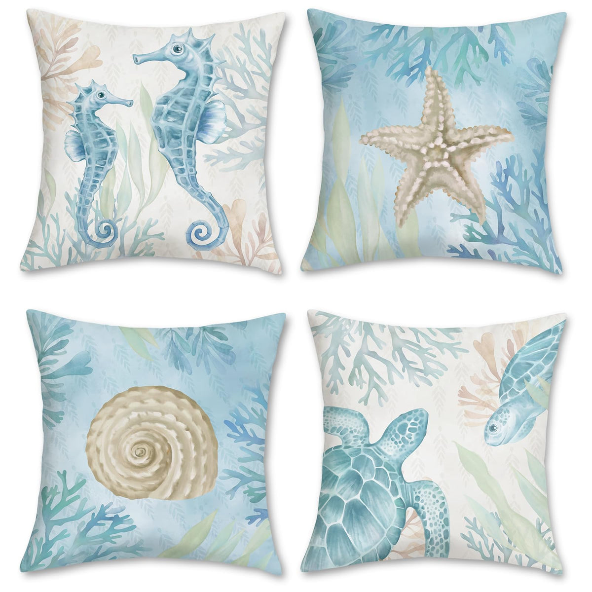 Ocean Beach Throw Pillow Covers 18 x 18 Inch Seahorse Turtle Starfish Coastal