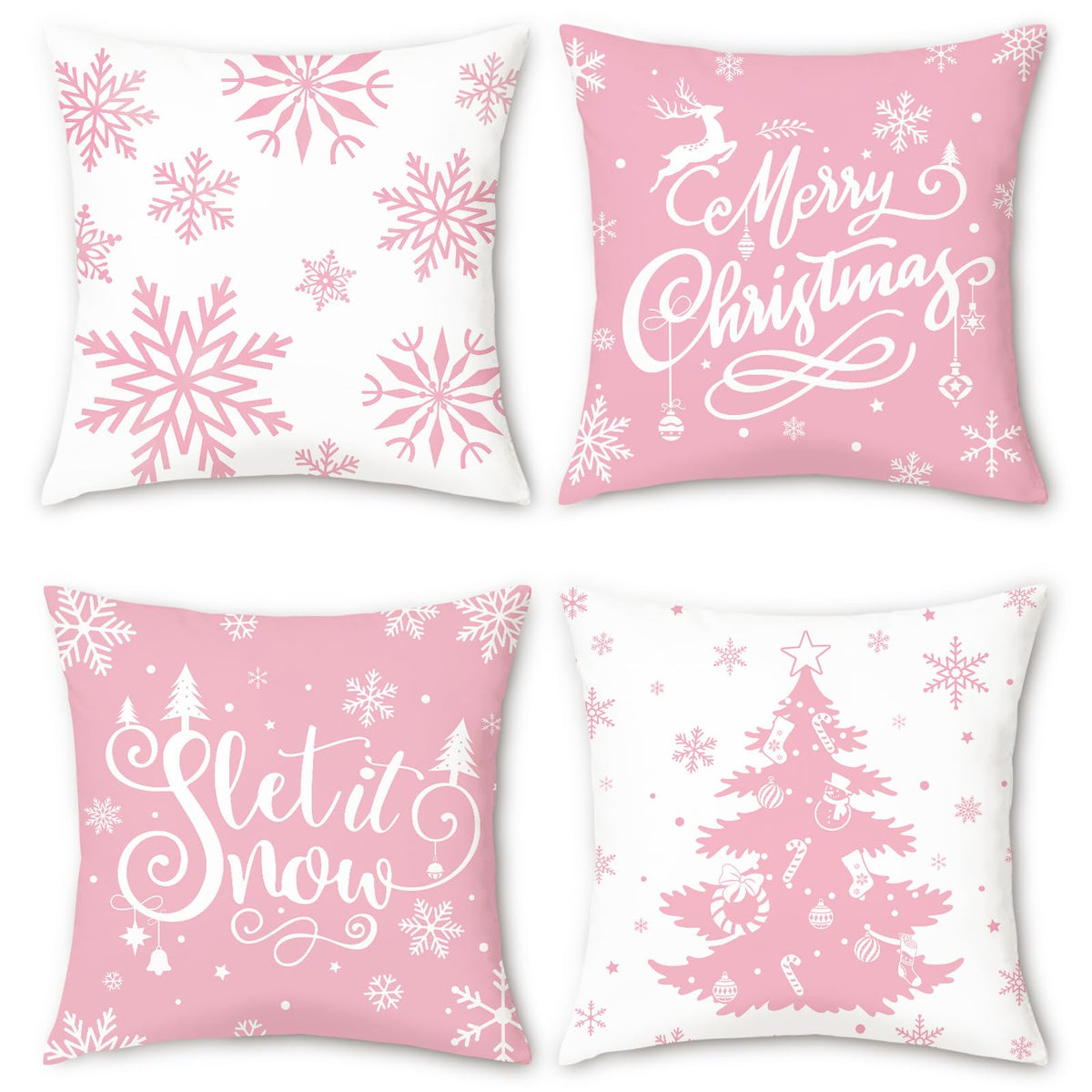 Pink Christmas Snowflakes Throw Pillow Covers 18x18 Inch Xmas Tree Let It Snow Winter Holiday