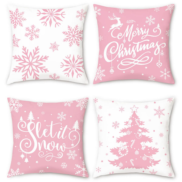 Pink Christmas Snowflakes Throw Pillow Covers 18x18 Inch Xmas Tree Let It Snow Winter Holiday