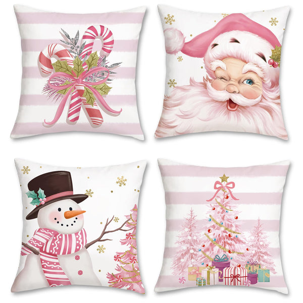Pink Christmas Throw Pillow Covers 18x18 Inch Santa Claus Snowman Candy Cane Xmas Tree