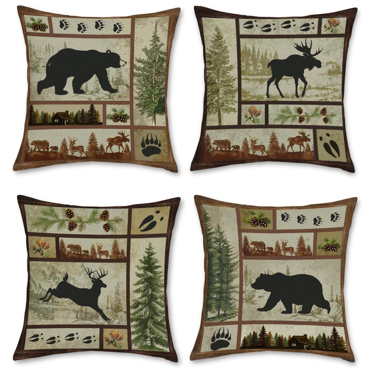 Rustic Cabin Bear Throw Pillow Covers 18 x 18 Inch Set of 4 Lodge Moose Deer Animal