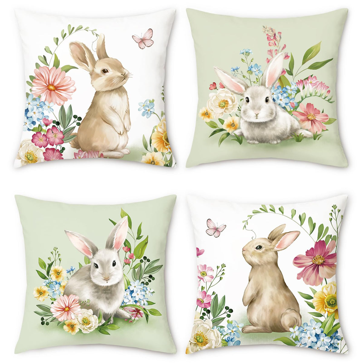 Spring Easter Bunny Throw Pillow Covers 18x18 Set of 4 Rabbit Decorative