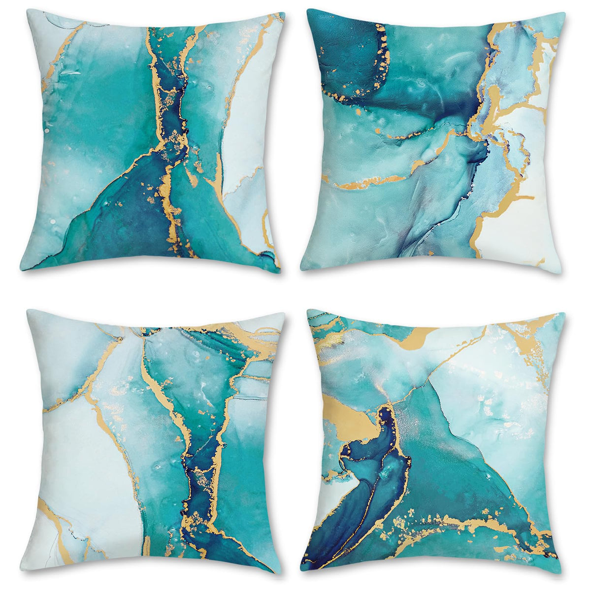 Turquoise Marble Throw Pillow Covers 18x18 Inch Set of 4 Two-Sided Teal Gold Abstract Art Modern