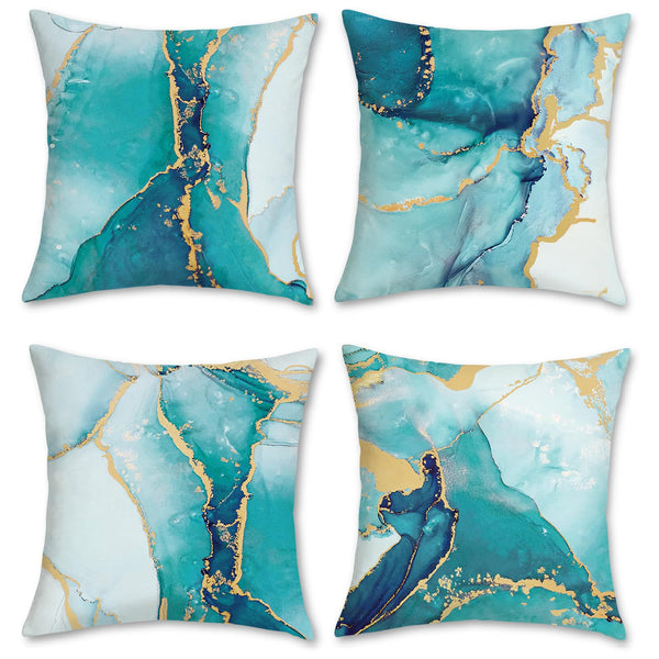 Turquoise Marble Throw Pillow Covers 18x18 Inch Set of 4 Two-Sided Teal Gold Abstract Art Modern