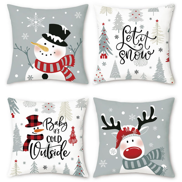 Winter Christmas Throw Pillow Covers 18x18 Inch Snowman Reindeer Xmas Trees Snowflakes Let It Snow Grey