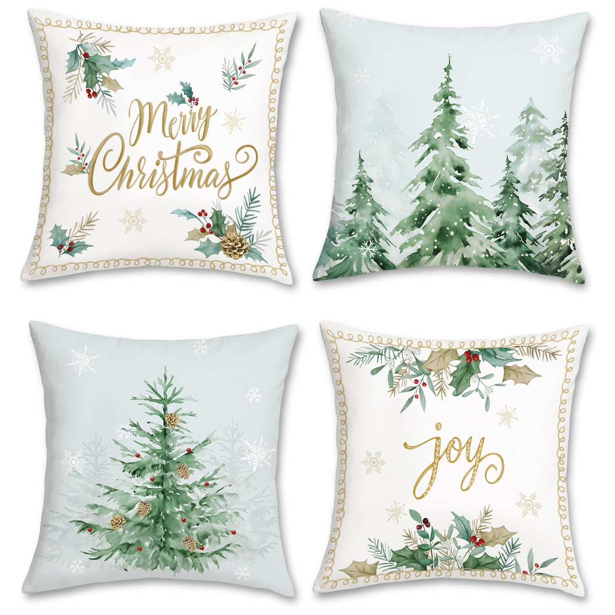 Winter Christmas Tree Throw Pillow Covers 18x18 Inch Green Snowy Pine Forest Snowflake Joy