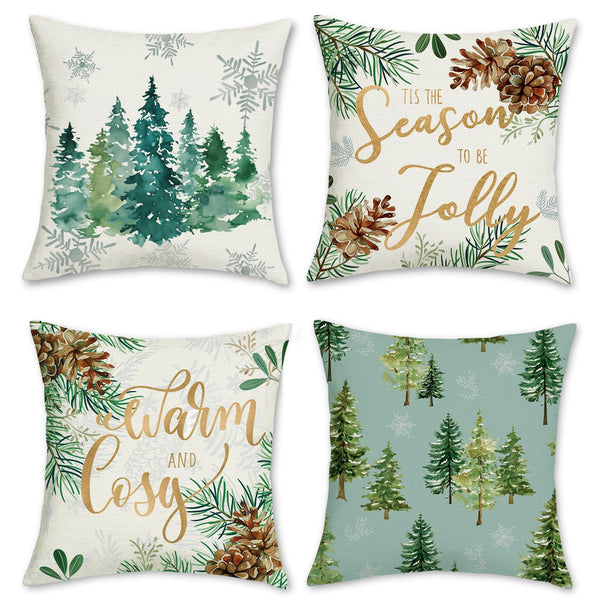 Winter Christmas Tree Throw Pillow Covers 18 x 18 Inch Pine Needles Pinecone Xmas Tree Snowflake