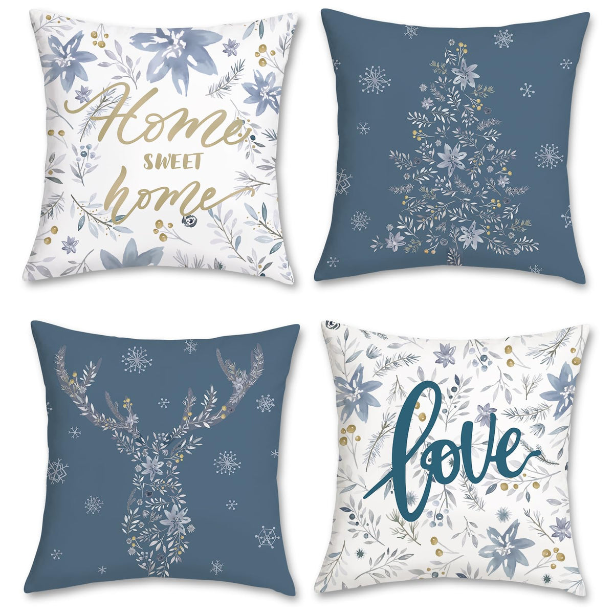 Winter Throw Pillow Covers 18 x 18 Inch Home Sweet Home Snowflake Xmas Tree Deer Blue Grey