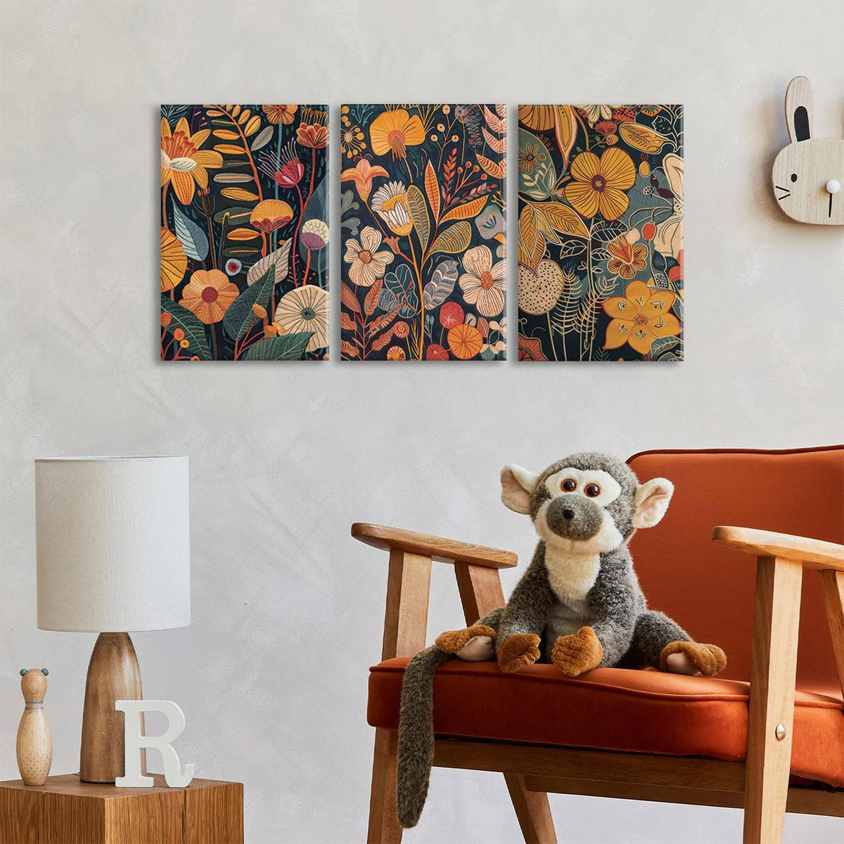 Burnt Orange Floral Canvas Wall Art,Mid Century Modern Wall Decor,Boho Terracotta Flower Picture Prints Poster