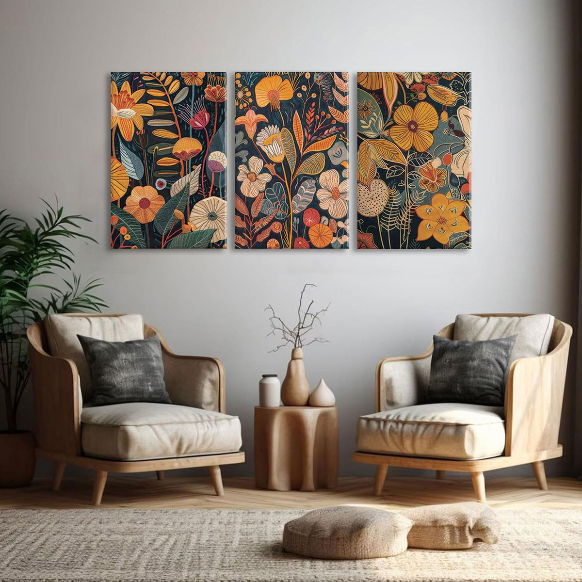 Burnt Orange Floral Canvas Wall Art,Mid Century Modern Wall Decor,Boho Terracotta Flower Picture Prints Poster