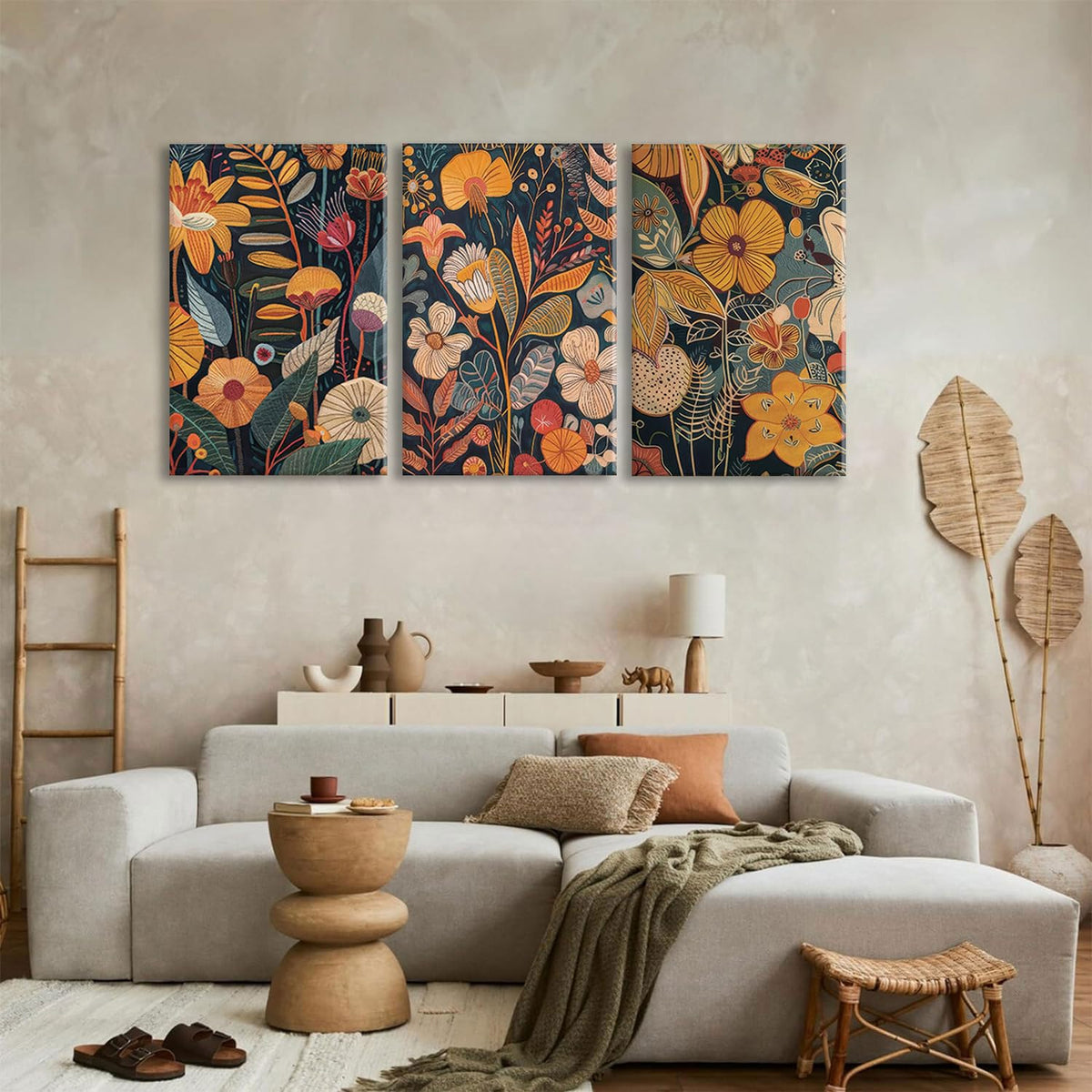 Burnt Orange Floral Canvas Wall Art,Mid Century Modern Wall Decor,Boho Terracotta Flower Picture Prints Poster