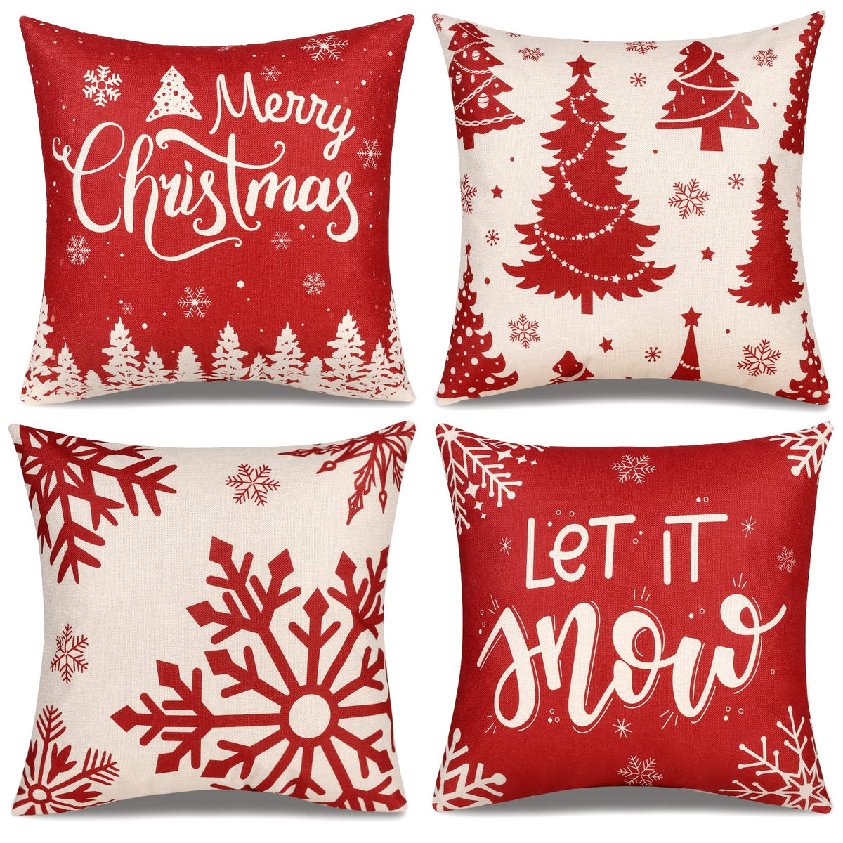 Christmas Pillow Covers 18x18 Set of 4 Red Plaid Throw Pillowcase Christmas Decorations Deer Snowflake