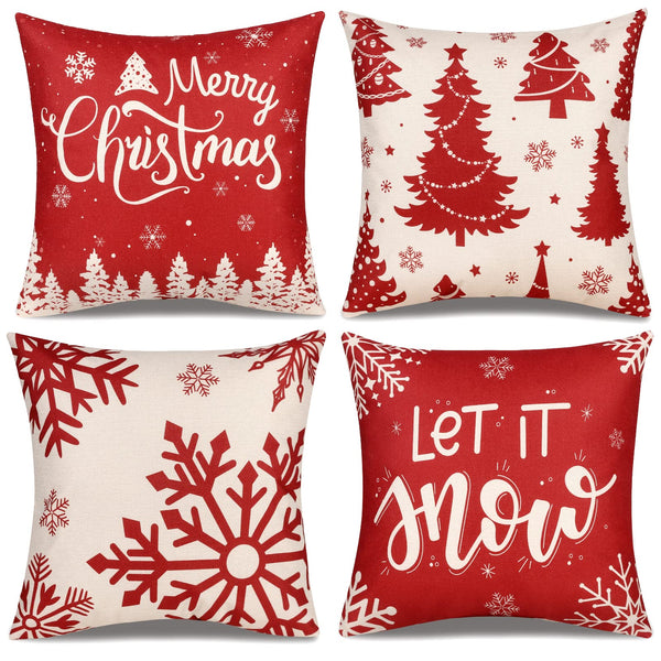 Christmas Pillow Covers 18x18 Set of 4 Red Plaid Throw Pillowcase Christmas Decorations Deer Snowflake