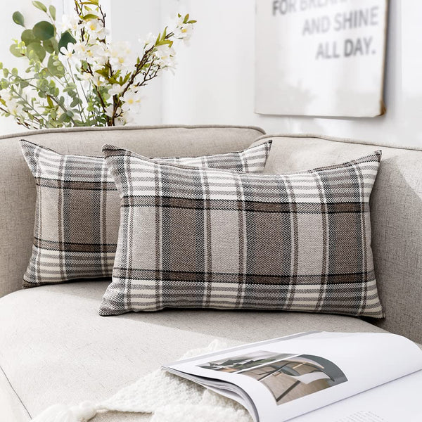 Brown Tartan Plaid Lumbar Pillow Cover 12x20 Set of 2 Farmhouse Buffalo Plaid Brown Striped