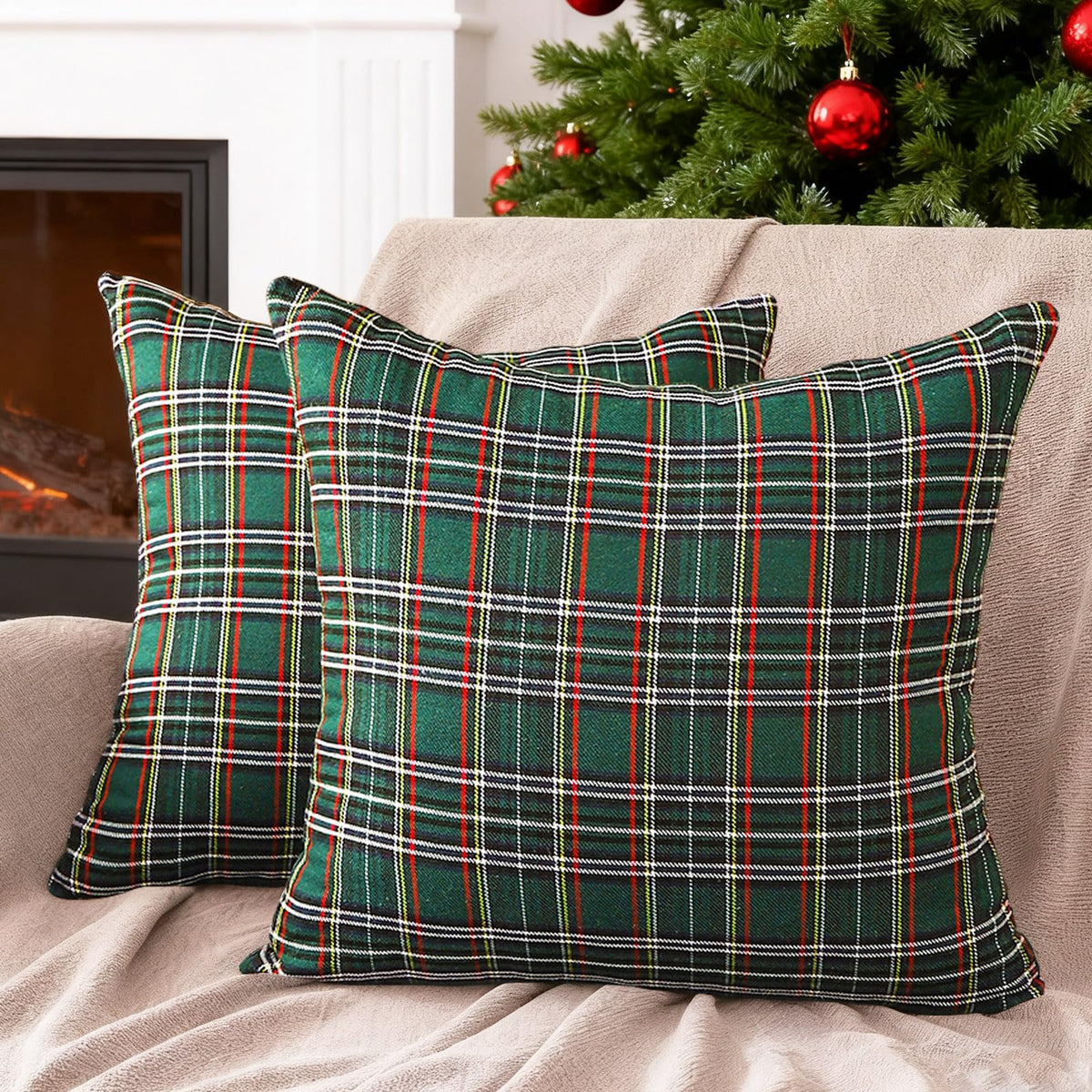 Green Tartan Plaid Throw Pillow Covers 18x18 Set of 4 Green Christmas Plaid