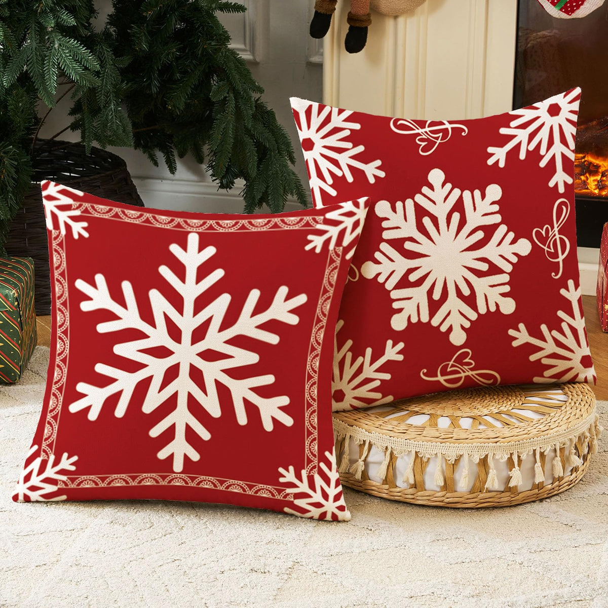 Red Christmas Snowflake Pillow Covers 18x18 Set of 2, Holiday Red and White 18 x 18 Christmas Decor Throw Pillow Covers