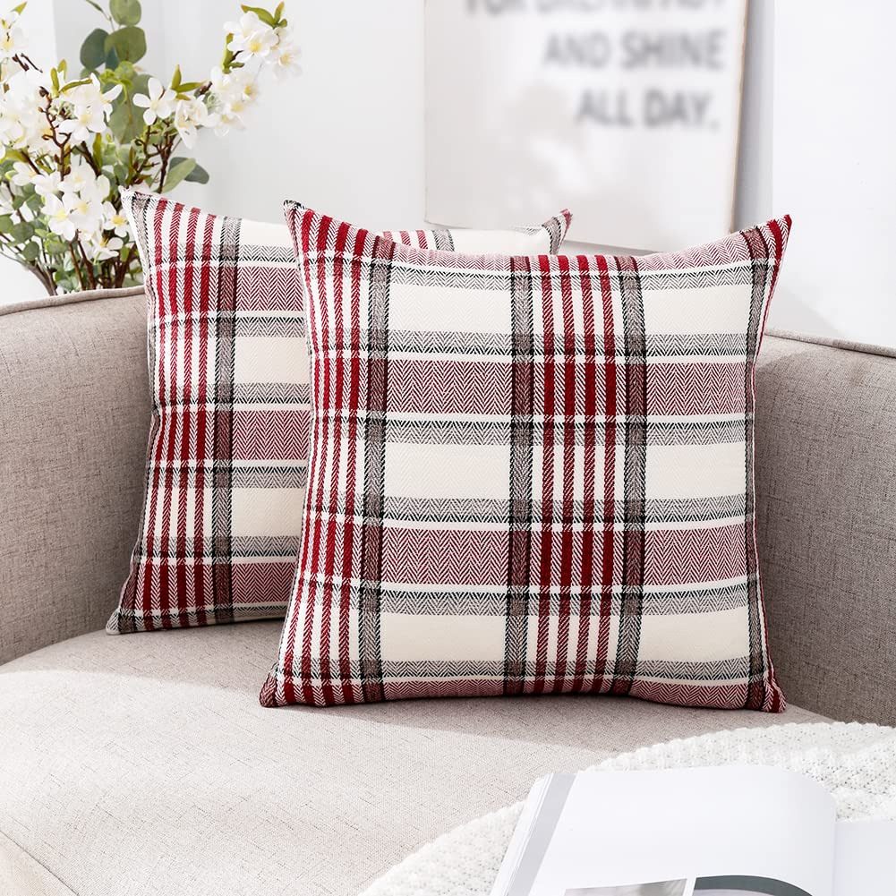 Red Christmas Tartan Plaid Pillow Covers 18x18 Set of 2