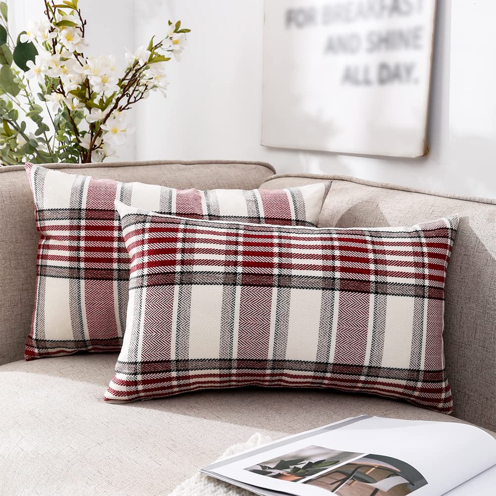 Red Tartan Plaid Christmas Lumbar Pillow Cover 12x20 Set of 2 Farmhouse Buffalo Plaid Red Striped