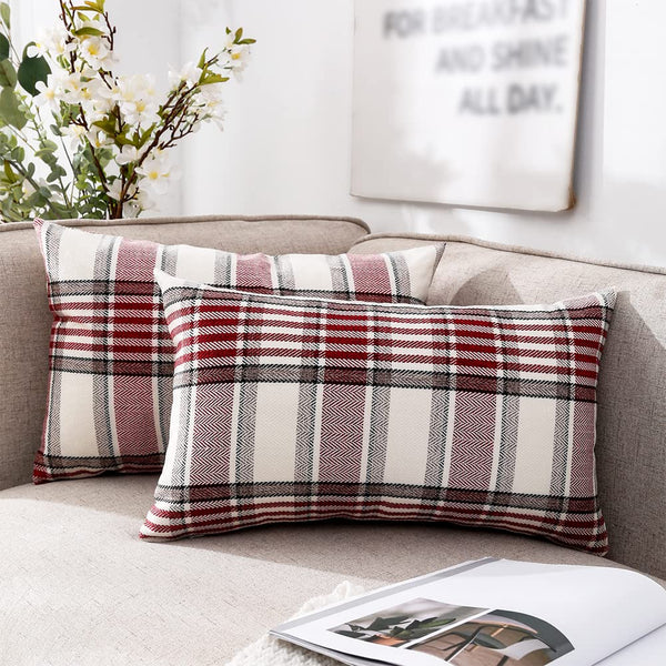 Red Tartan Plaid Christmas Lumbar Pillow Cover 12x20 Set of 2 Farmhouse Buffalo Plaid Red Striped