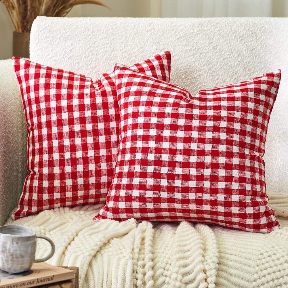 Red and White Christmas Decor Buffal Plaid Pillow Covers 18x18 Set of 2