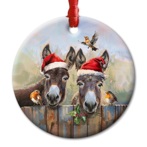 Donkey Christmas Ceramic Ornaments - Holly Peeking Donkeys Farm Animals Ornament for Xmas Tree Decor - Funny Farmhouse Gift for Boys, Girls